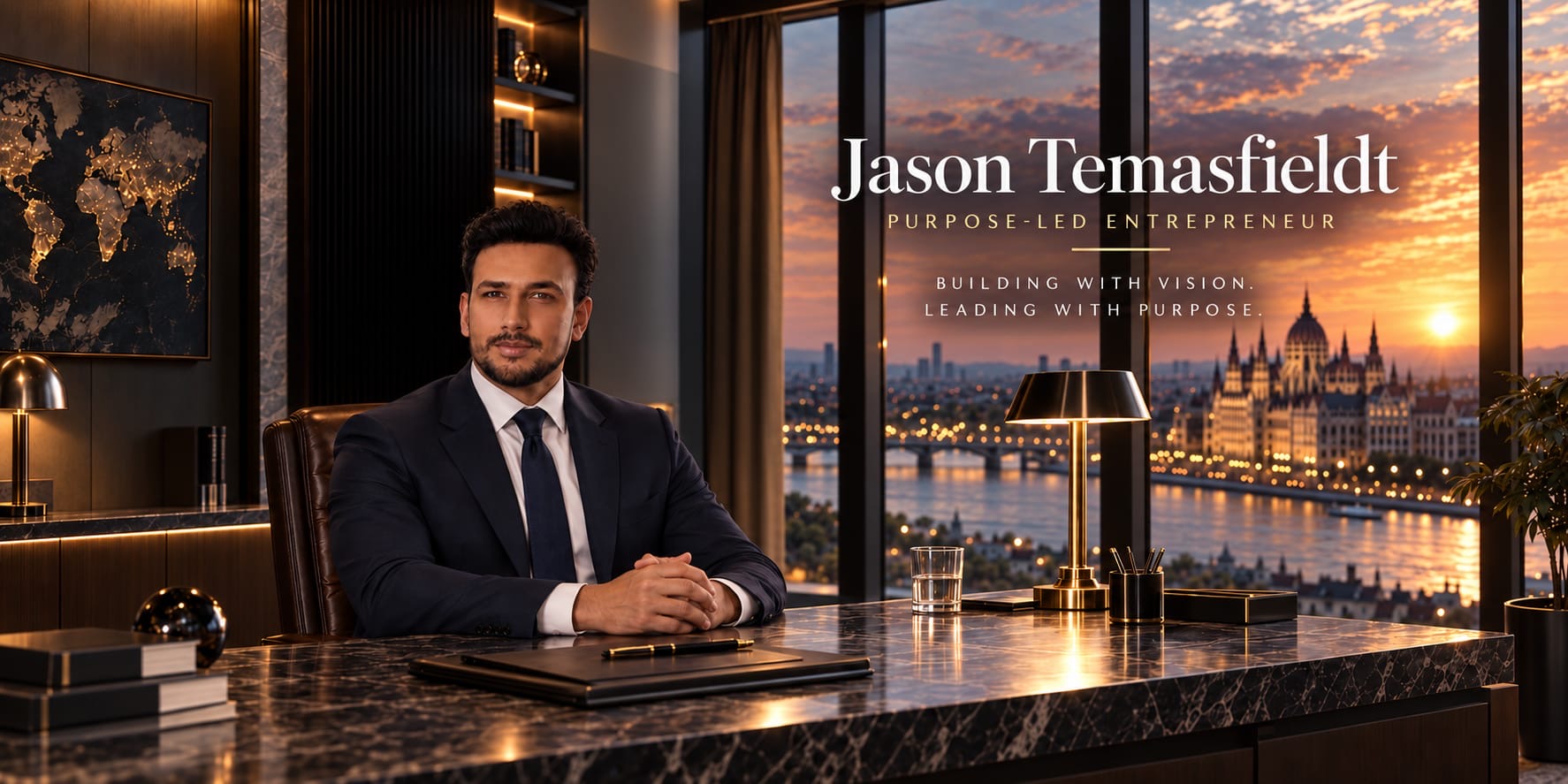 Jason Temasfieldt seated at a marble desk in a city-view office at sunset