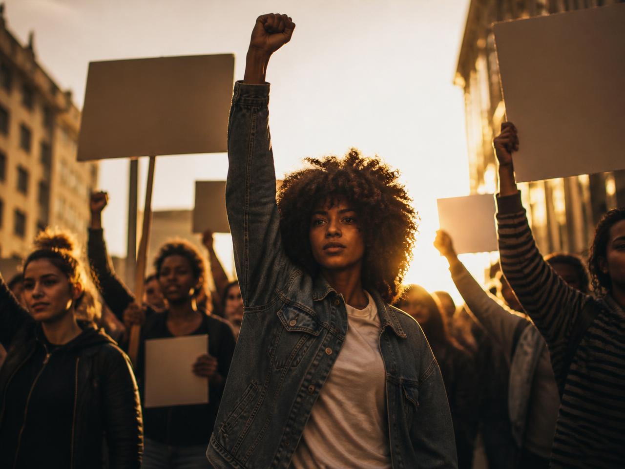 Peaceful demonstration with activists raising their hands at sunset